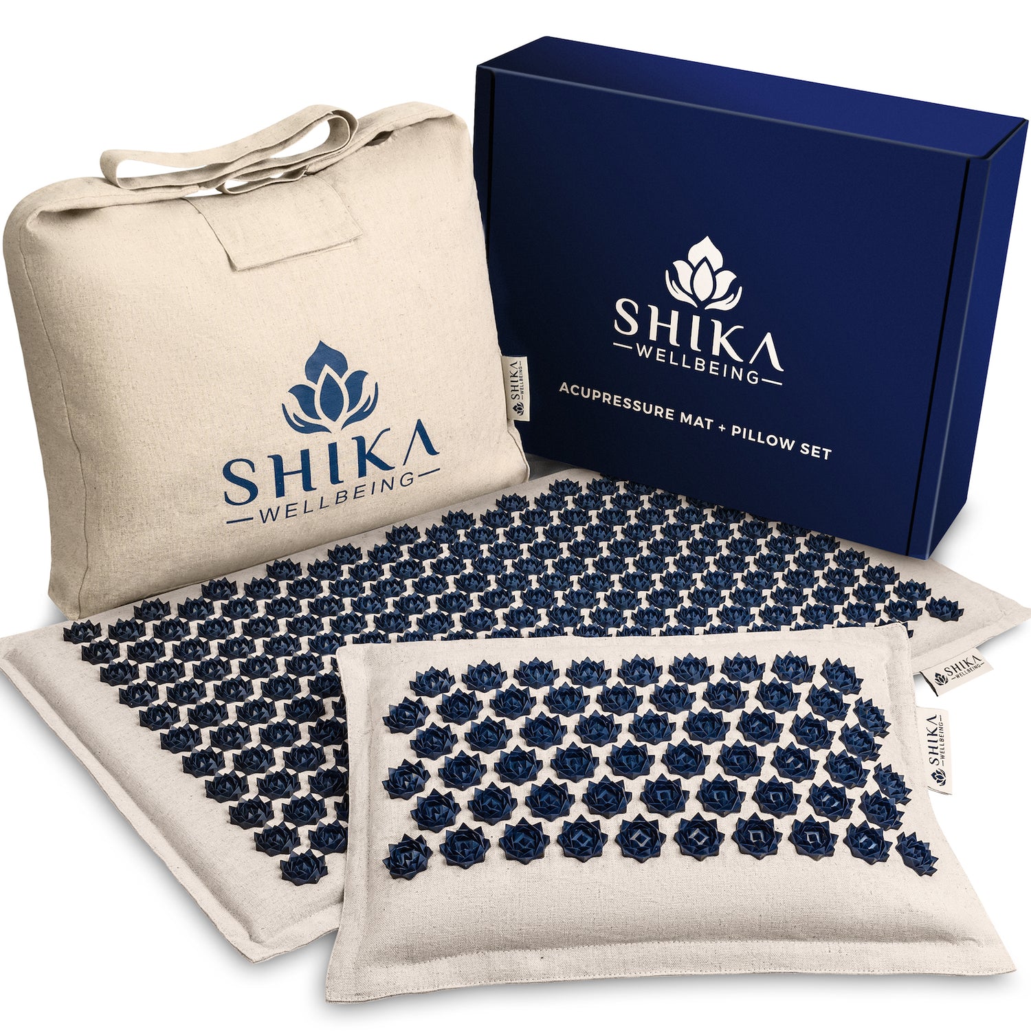 An image of the Acupressure mat and pillow set with a blue gift box